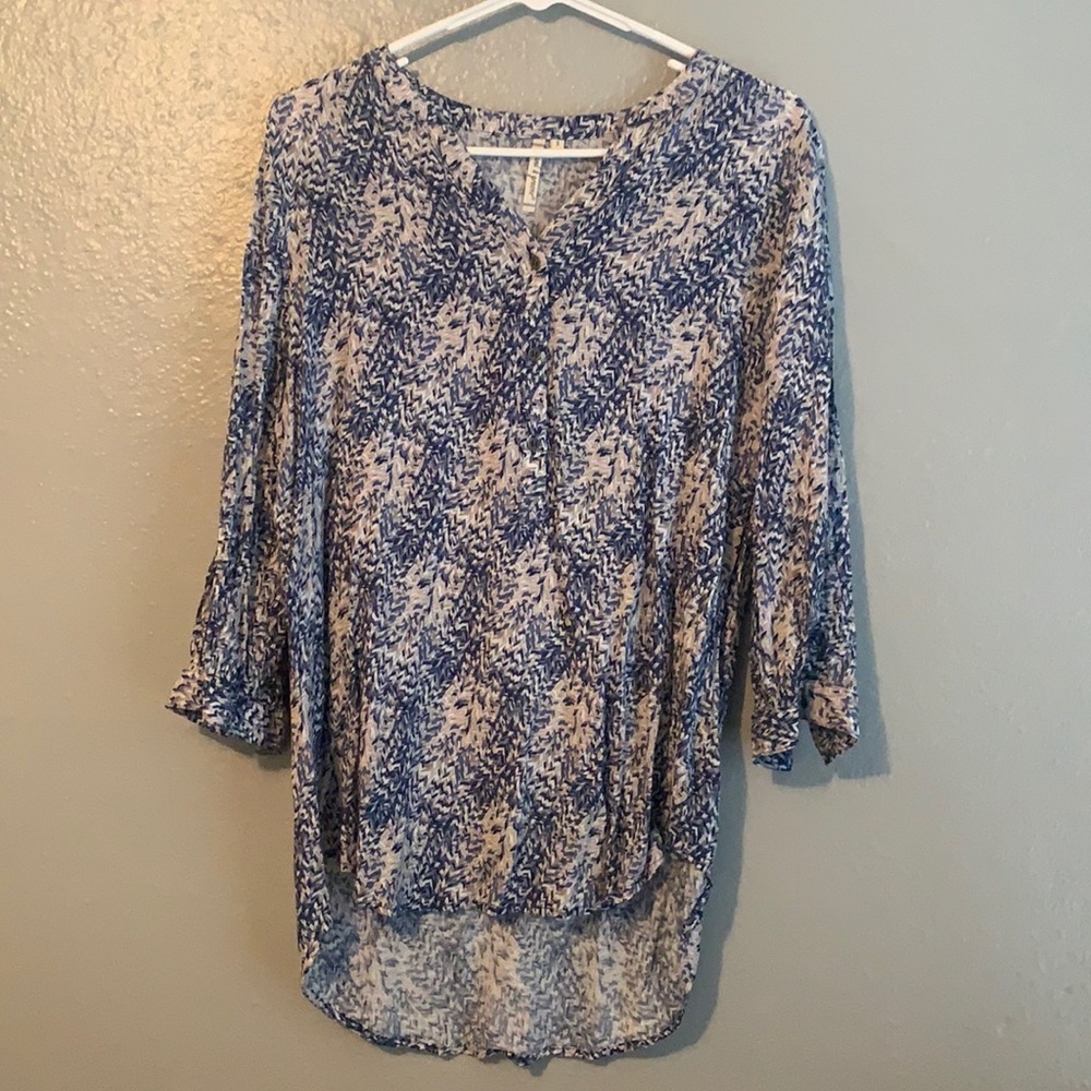 Blue, White, and Beige Patterned Blouse
